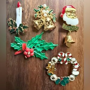 VTG Christmas Lot of 5 Brooch Pin Set Santa Bells Holly Candle Holiday Wreath